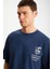 ALONZO Erkek Oversize Fit %100 Pamuk Nakışlı Ve Baskılı Lacivert T-Shirt 4
