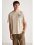 Beal Erkek Sırt Baskı Detaylı Oversize Fit Bol Kesim %100 Organik Pamuk Örme Kısa Kol Bej T-shirt 1