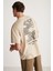 Beal Erkek Sırt Baskı Detaylı Oversize Fit Bol Kesim %100 Organik Pamuk Örme Kısa Kol Bej T-shirt 4