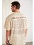 Barack Erkek Sırt Baskı Detaylı Oversize Fit Bol Kesim %100 Organik Pamuk Örme Kısa Kol Bej T-shirt 1