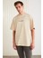 Barack Erkek Sırt Baskı Detaylı Oversize Fit Bol Kesim %100 Organik Pamuk Örme Kısa Kol Bej T-shirt 4