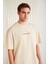 Barack Erkek Sırt Baskı Detaylı Oversize Fit Bol Kesim %100 Organik Pamuk Örme Kısa Kol Bej T-shirt 5