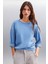 Basıl Kadın Sırt Baskı Detaylı Oversize %100 Organik Pamuk Örme Uzun Kol Indigo T-shirt 3