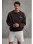 Ernest Erkek Organik Pamuklu Yumuşacık Baskı Detaylı Bisiklet Yaka Içi Polarlı Kahverengi Sweatshirt 1