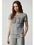 Sınce Kadın Regular Baskılı Taşlı Yuvarlak Yaka Açık Gri T-Shirt 3