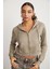 Delıa Kadın Crop İçi Polarlı Fermuarlı Organik Pamuklu Kapüsonlu Kordonlu Bej Sweatshirt 3