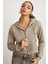 Delıa Kadın Crop İçi Polarlı Fermuarlı Organik Pamuklu Kapüsonlu Kordonlu Bej Sweatshirt 4