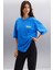 Gıllıan Kadın Ön Ve Arka Baskı Detaylı Oversize &100 Organik Pamuklu Parlament Mavi T-shirt 2