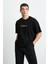 Frank Erkek Kalın Dokulu Baskı Detaylı Oversize &100 Organik Pamuklu Siyah T-shirt 6