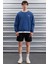 Ernest Erkek Yumuşacık Içi Polarlı Baskı Detaylı Organik Pamuk Oversize Mavi Sweatshirt 4