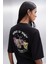 Enya Kadın Baskı Detaylı Oversize Fit Bol Kesim Bisiklet Yakalı %100 Organik Pamuklu Siyah T-shirt 2