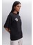 Enya Kadın Baskı Detaylı Oversize Fit Bol Kesim Bisiklet Yakalı %100 Organik Pamuklu Siyah T-shirt 4