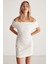 Julene Kadın Esnek Fitilli Kumaşlı Bardot Yaka Bodycon Vücüdu Saran Midi Beyaz Elbise 1