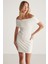 Julene Kadın Esnek Fitilli Kumaşlı Bardot Yaka Bodycon Vücüdu Saran Midi Beyaz Elbise 2