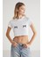 Krım Bisiklet Yaka %100 Pamuk Parça Baskılı Kısa Kollu Crop Beyaz T-Shirt 4