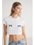 Krım Bisiklet Yaka %100 Pamuk Parça Baskılı Kısa Kollu Crop Beyaz T-Shirt 5