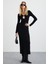 Lurvın Kadın Viscon Likralı Dekolte Yaka Vücüdü Saran Bodycon Maxi Siyah Elbise 4