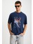 Landscape Erkek %100 Organik Pamuklu Baskı Detaylı Kalın Dokulu Oversive Lacivert T-shirt 1