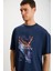 Landscape Erkek %100 Organik Pamuklu Baskı Detaylı Kalın Dokulu Oversive Lacivert T-shirt 3