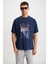 Landscape Erkek %100 Organik Pamuklu Baskı Detaylı Kalın Dokulu Oversive Lacivert T-shirt 4