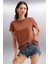 Samantha Kadın Comfort Fit %100 Organik Pamuklu Basic Örme Kahverengi T-shirt 3