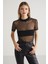 Yoko Kadın Bisiklet Yaka Crush Efektli Tül Siyah T-shirt 1