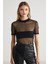 Yoko Kadın Bisiklet Yaka Crush Efektli Tül Siyah T-shirt 3