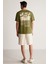 STUART Erkek Oversize Fit %100 Pamuk Kalın Dokulu Baskılı Haki T-Shirt 6