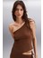 PASCALE Kadın %100 Polyester Asimetrik Yaka Slim Kahverengi Bluz 1