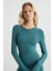 Nuvıa Kadın Viscon Yuvarlak Yaka Slim Fit Yeşil Elbise 5