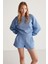 Jennıfer Kadın Organik Pamuklu Nakışlı Yuvarlak Yakalı Oversize Mavi Sweatshirt 2