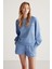 Jennıfer Kadın Organik Pamuklu Nakışlı Yuvarlak Yakalı Oversize Mavi Sweatshirt 3