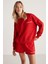 Jennıfer Kadın Organik Pamuklu Nakışlı Yuvarlak Yakalı Oversize Kırmızı Sweatshirt 1