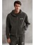 Aksel Erkek Yumuşacık %100 Organik Pamuk Oversize Fermuarlı Baskılı Kapüşonlu Koyu Gri Sweatshirt 5
