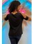 Omzu Açık Crystal Taş Baskılı Pamuklu Kısa Kollu Şık Tasarım Siyah Kadın T-Shirt M L Xl 2xl 2