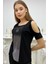 Omzu Açık Pamuk Crystal Taş Baskılı Siyah Rahat Şık Kadın T-Shirt 1
