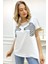 Rahat Kalıp Büyük Beden Zebra Crystal Taşlı Beyaz Kadın Şık Pamuk T-Shirt 2