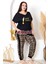 Siyah Renk Leopar Desenli Kadın Kısa Kol Büyük Beden Anne Pijama Takımı -10982 1