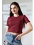 Pamuklu Kompakt Penye Ribana Bisiklet Yaka Crop T-Shirt 21560 Bordo 1