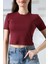 Pamuklu Kompakt Penye Ribana Bisiklet Yaka Crop T-Shirt 21560 Bordo 2