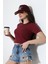 Pamuklu Kompakt Penye Ribana Bisiklet Yaka Crop T-Shirt 21560 Bordo 3