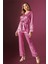 Kadın Pembe Desenli Önden Düğmeli Saten Pijama Takımı 2190 2
