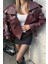 Bordo Deri Kadın Biker Ceket 3