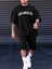 Los Angeles T-Shirt Şort - Siyah Alt Üst Takım Şort Tişört Kombin Baskılı Bisiklet Yaka 1