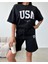 Usa T-Shirt Şort - Alt Üst Takım Şort Tişört Kombin Baskılı Bisiklet Yaka 2