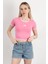 Kadın U Yaka Kalp Nakışlı T-Shirt Pembe - 925055 1