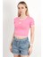 Kadın U Yaka Kalp Nakışlı T-Shirt Pembe - 925055 4