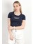Kadın U Yaka Romantic Nakışlı T-Shirt Lacivert - 925054 2