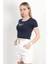 Kadın U Yaka Romantic Nakışlı T-Shirt Lacivert - 925054 4