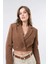 Kahverengi Kruvaze Kapama Dokuma Crop Blazer Ceket 1